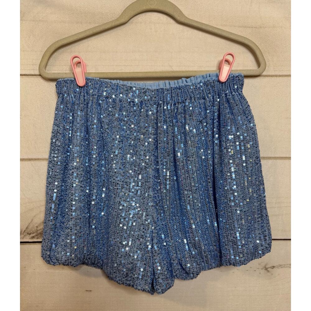 Endless Rose Light Blue Sequin High-Waist Shorts